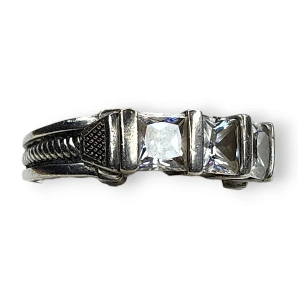 Vintage Ring Sterling‎ Silver 925 Clear Cubic Zirconia Three Stone Cocktail SZ 6